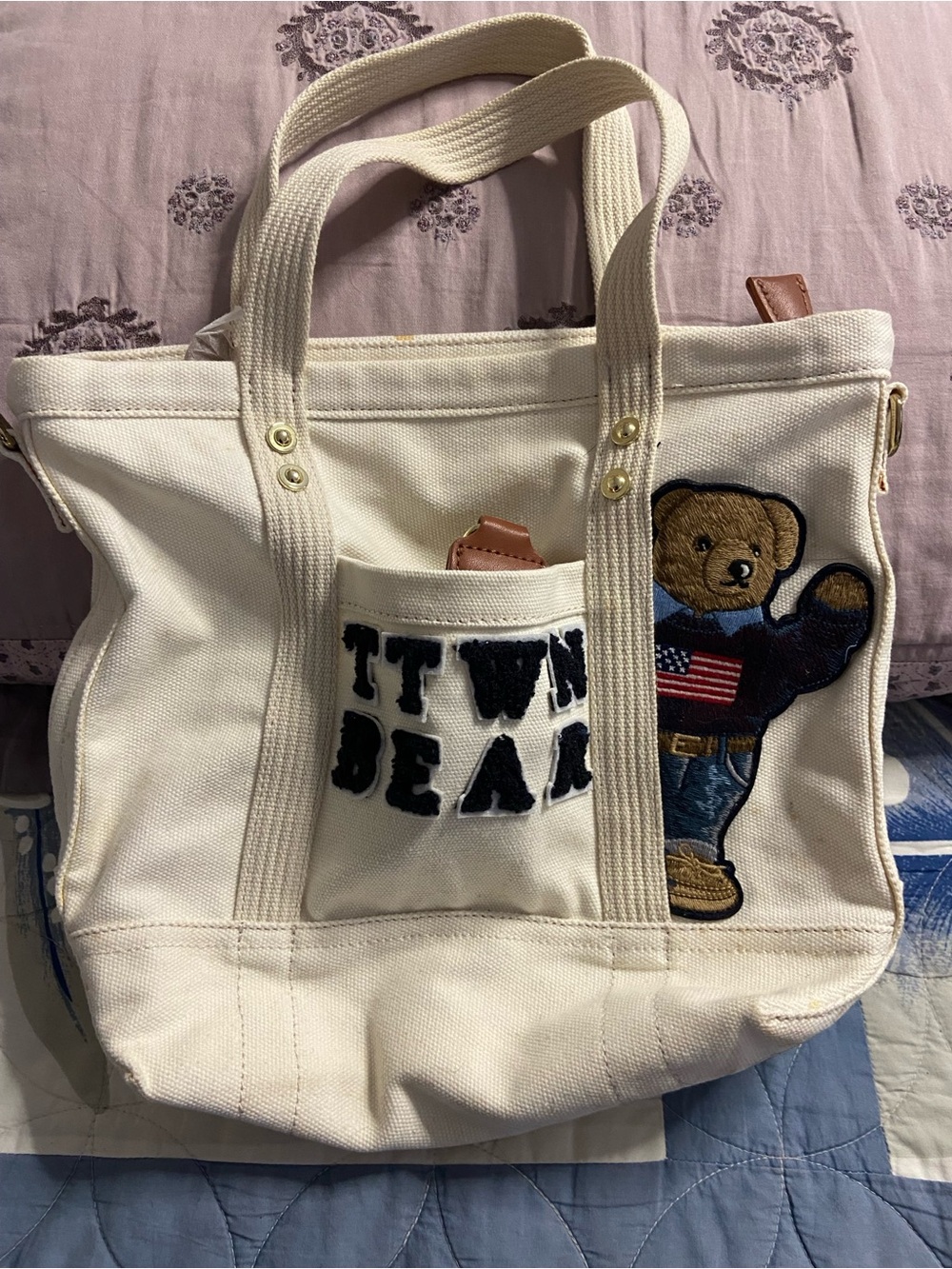 TTWN BEAR Cream Canvas BEAR APPLIQUE Tote Bag w/ Shoulder Strap
